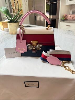 Gucci Queen Margaret Leather Top Handle Satchel in Pink, Red, Navy & White
